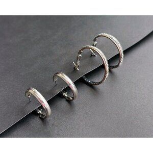 Set of 2 earrings silver tone hoop w/ rhinestones 1,2” and textured earrings 1”